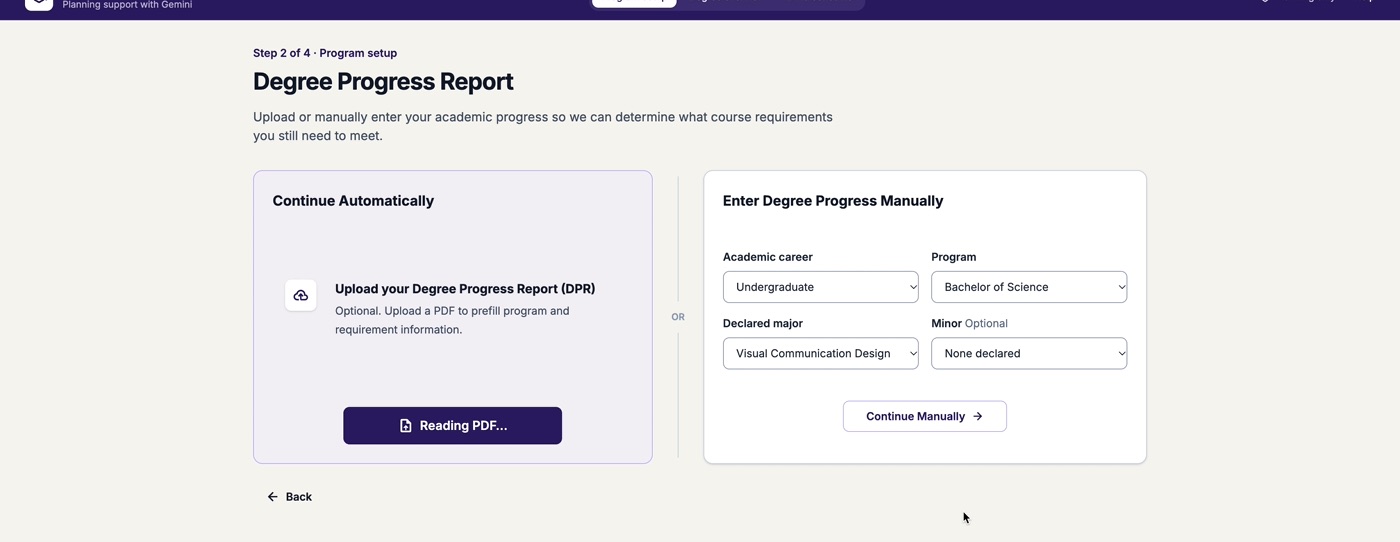 SF State Schedule Studio: the Degree Progress Report step, with upload and manual entry options