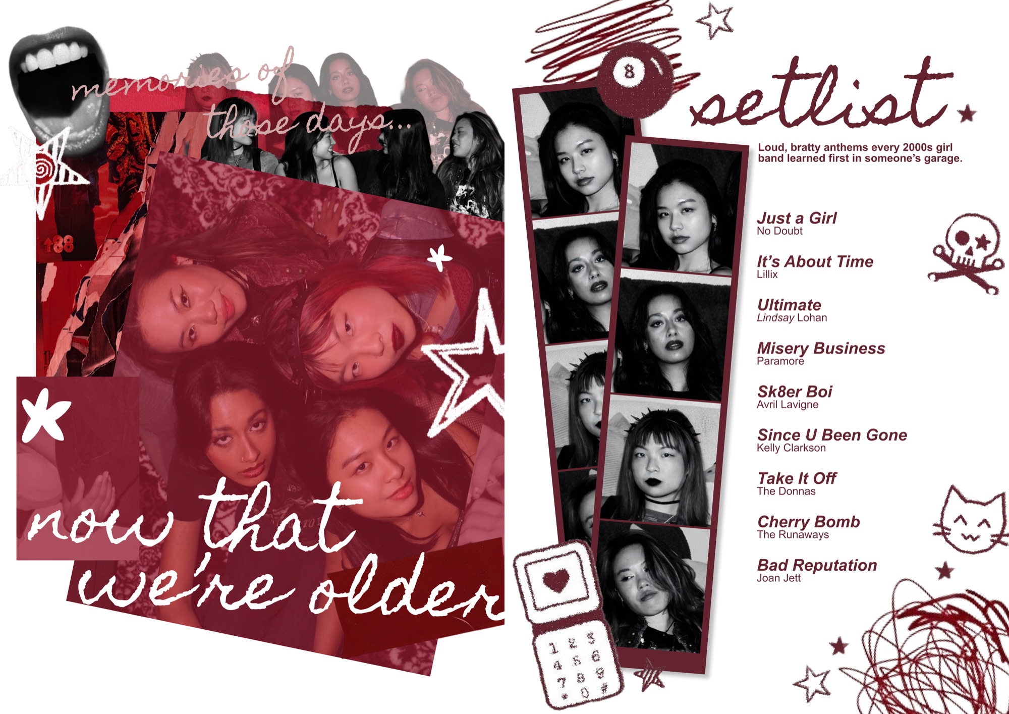 Spread 3: photo collage reading now that we're older, beside photobooth strips and a handwritten setlist