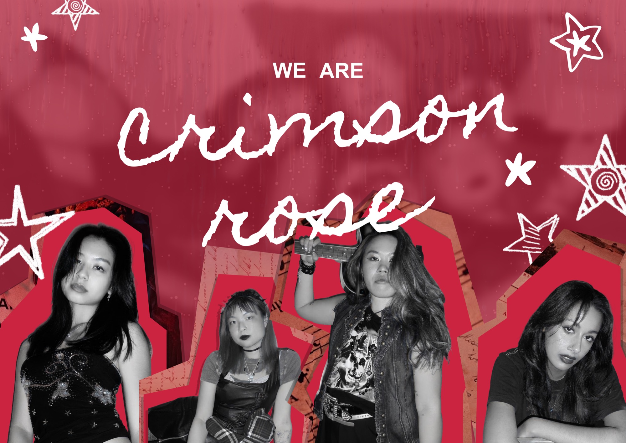Spread 2: We are Crimson Rose, four members cut out in black and white over red