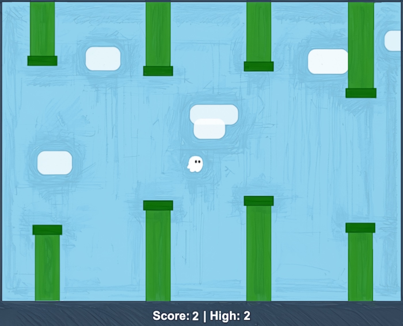 Flappy Kiro: a small ghost flying between green pipes on a painted blue sky