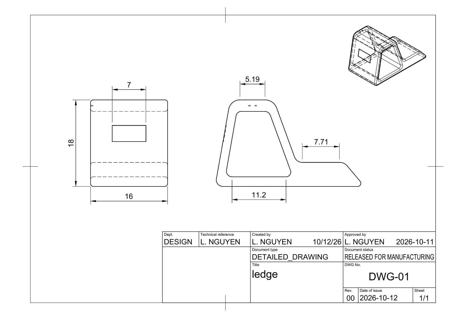 Fusion detailed drawing DWG-01 of ledge with side, front and isometric views and dimensions