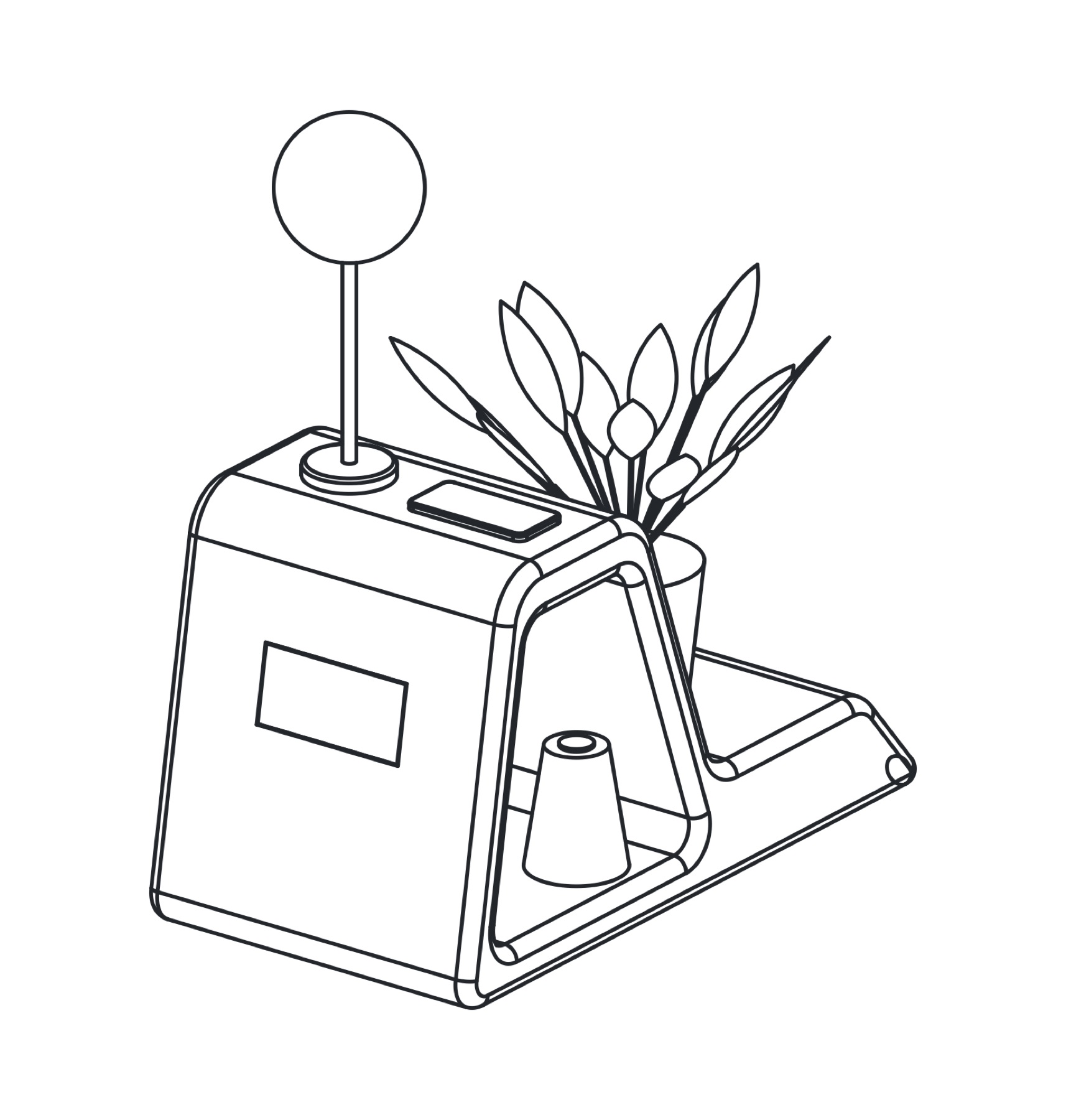 Line drawing of ledge with lamp and phone on top, diffuser in the cubby, plant on the ledge