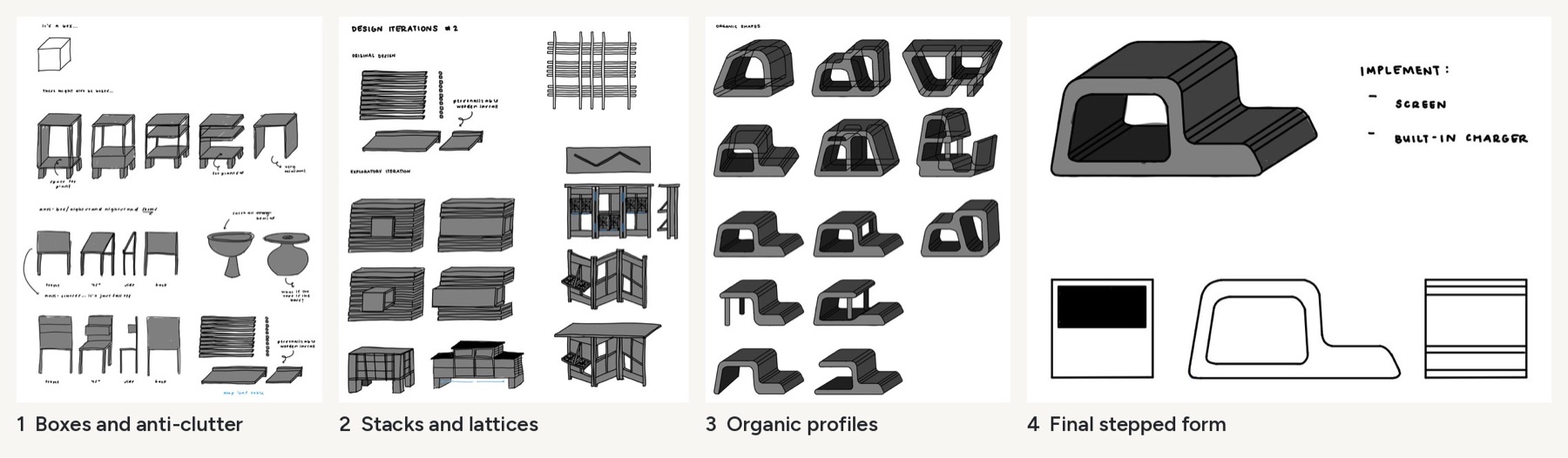 Four sketch pages: boxes and anti-clutter, stacks and lattices, organic profiles, and the final stepped form