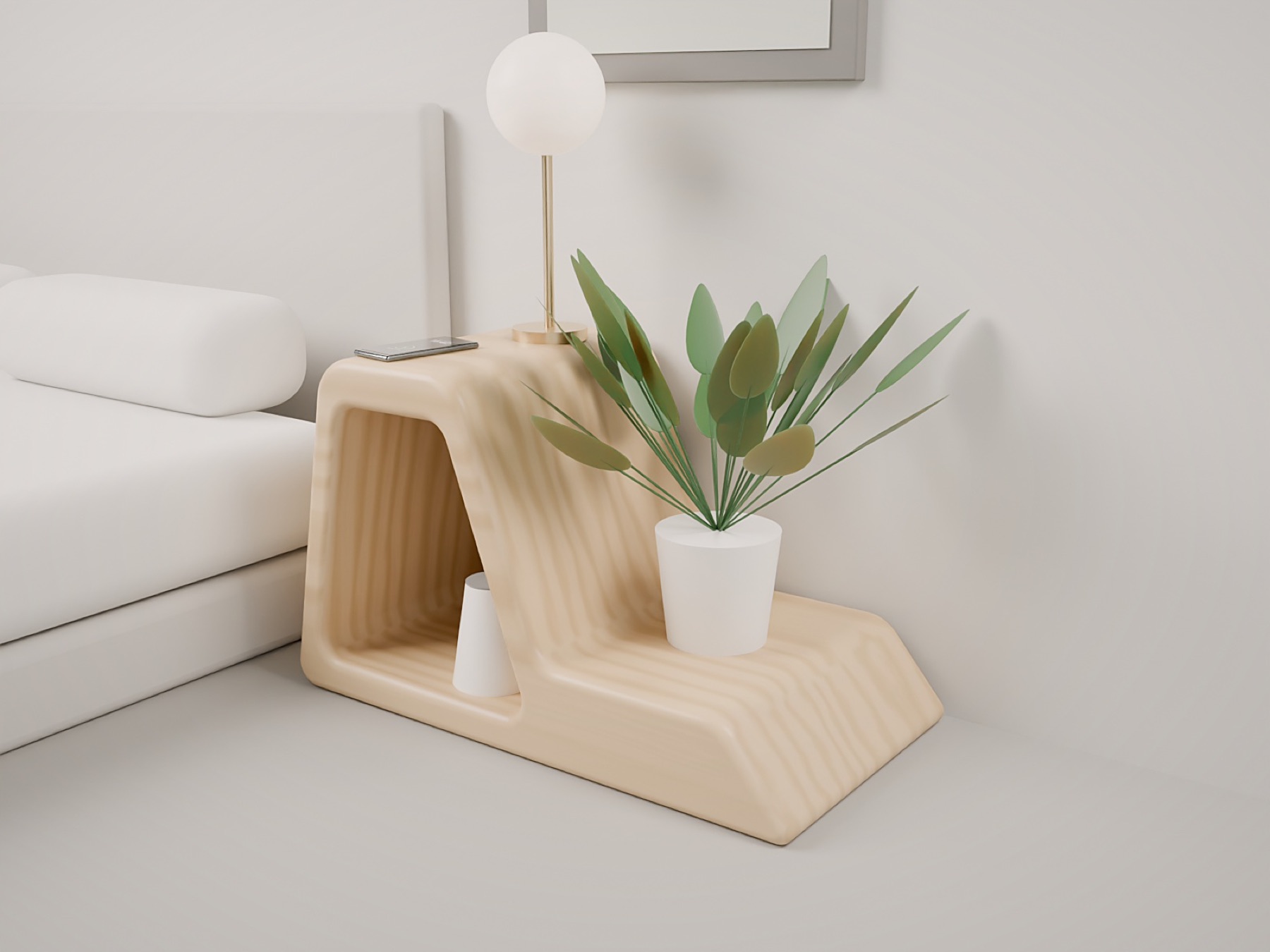 ledge beside a low bed: lamp and phone on top, diffuser in the cubby, plant on the ledge