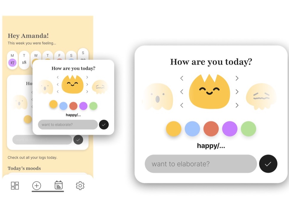 Melo mood check-in: the home screen beside an enlarged How are you today card with mood characters and colors
